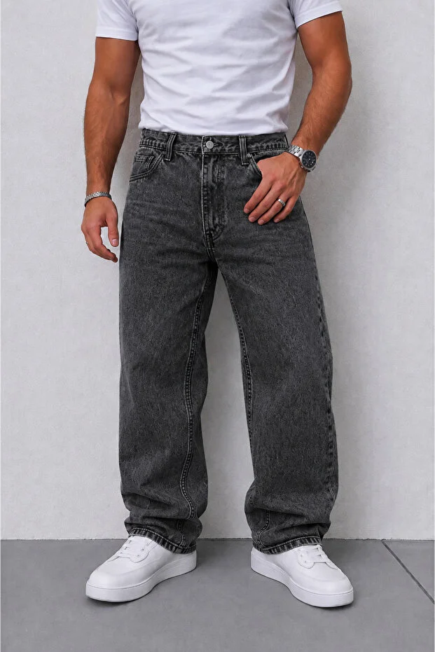 Siyah Taşlamalı Baggy Fit Likrasız Rahat Kesim Jean Pantolon